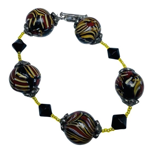 Murano Italy Swirl Multicolor Chunky Glass Bead Bracelet 9" Rare 19mm Trendy - Picture 7 of 10